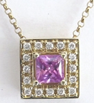 Princess Cut Natural Pink Sapphire and Diamond Pendant in 14k yellow gold