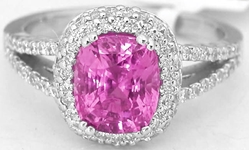 Real Hot Pink Sapphire and Diamond Split Shank Engagment Ring in 18k White Gold for sale