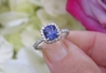 Cushion Cut Real Blue Sapphire Ring with a real diamond halo in a solid 14k white gold setting for sale