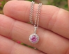 Round Natural Pink Sapphire Pendant with Real Diamond Halo in solid 14k white gold