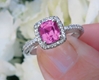 Cushion Cut Bright Pink Natural Sapphire Wedding Ring with Real Diamond Halo in 14k white gold