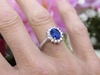 Kate Middleton Inspired Natural Sapphire Ring with real diamond halo in solid 14k white gold for sale