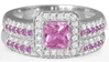 Natural Princess Cut Pink Sapphire and Diamond Band Engagement Set in 14k White Gold