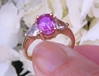 Natural Untreated Ceylon Pink Sapphire and White Sapphire Engagement Ring in 14k yellow gold. Engagement ring without diamonds.