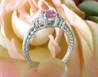 Untreated Cushion Cut Pink Sapphire Engagement Ring with Ornate Engraving and Real Diamonds in solid vintage styled 14k white gold for sale
