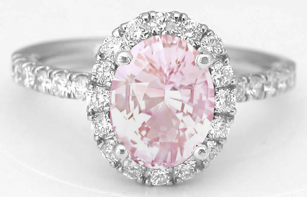 Light Pink Sapphire and Diamond Halo Ring in 14k white gold