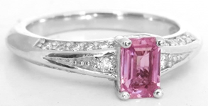 Genuine Womens Emerald Cut Natural Pink Sapphire Ring with Diamonds in 14k white gold