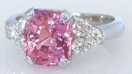Large Peach Pink Sapphire Ring with Real Side Diamonds in 14k white gold for sale