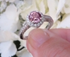 Round Natural Pink Sapphire Engagement Ring with Real Diamond Halo in a 14k white gold band for sale