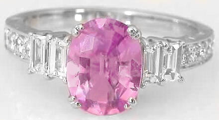 3 carat Oval Pink Sapphire Ring with Baguette Diamonds