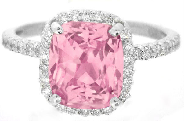 Fine Quality Peachy Pink Sapphire and Diamond Halo Ring in 14k white gold