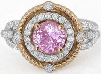 Round Real Pink Sapphire Ring with Diamond Halo in white and rose gold