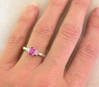Cushion Cut Pink Sapphire Three Stone Ring with Diamonds in 14k white gold