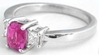 Natural Cushion Cut Pink Sapphire Three Stone Ring with Diamonds in 14k white gold