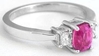 Fine Cushion Cut Pink Sapphire Three Stone Ring with Diamonds in 14k white gold