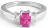 Cushion Cut Pink Sapphire Three Stone Ring with Diamonds in 14k white gold