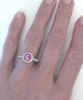 Round Pink Sapphire Ring with Diamond Halo, Milgrain, and Lattice work on hand