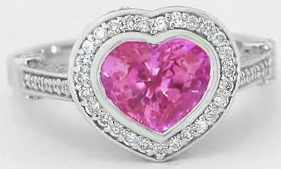 Collector Quality Heart Cut Bubble Gum Pink Sapphire and Diamond Engagement Ring in 18k white gold for sale