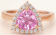 Trillion Natural Pink Sapphire Ring with real Diamond Halo in solid 14k rose gold setting for sale
