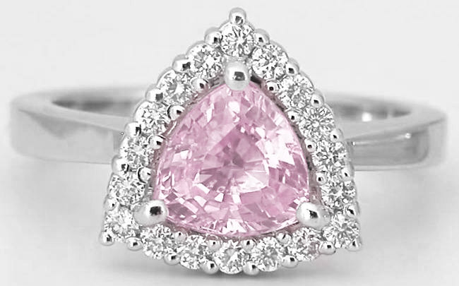 Light Trillion Pink Sapphire Ring with Diamond Halo in 14k white gold