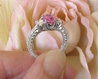 Oval Natural Pink Sapphire and Genuine Oval Diamond Three Stone Engagement Ring in real 14k white gold