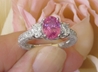 Oval Natural Pink Sapphire and Genuine Oval Diamond Three Stone Engagement Ring in 14k white gold for sale