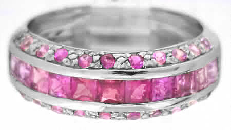 Natural Pink Sapphire Band Ring - Princess and Round - 14k white gold