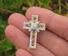 Real fancy sapphire multi color cross with diamonds in 14k white gold