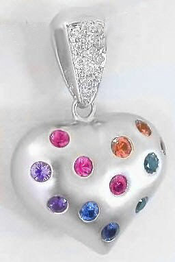 1.90 ctw Rainbow Sapphire Diamond Heart Pendant in 14k white gold Rainbow Sapphire Heart Pendants, Rainbow Sapphire Diamond Pendants, Rainbow Sapphire and Diamond Pendants, Rainbow Sapphire Pendant