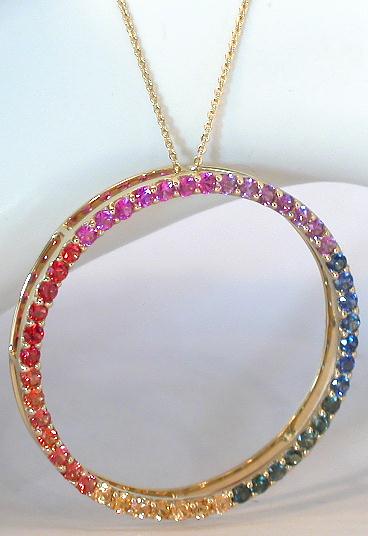 Natural Rainbow Sapphire Circle Pendant Necklaces in 14k white gold