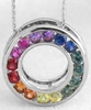 Real Rainbow Sapphire Circle Pendant Necklace in 14k white gold