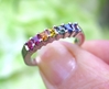 LGBT Natural Rainbow Sapphire Ring in solid 14k white gold with princess cut sapphires for sale