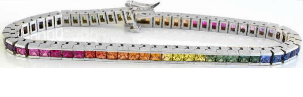2.5mm Princess Cut Rainbow Real Sapphire Tennis Bracelet in solid white gold