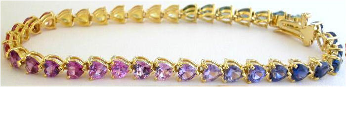 Heart Cut Natural Rainbow Sapphire Tennis Bracelet in solid 14k yellow gold for sale