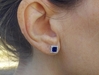 Princess Cut Real Blue Sapphire Earrings with a Diamond Halo in 14k white gold