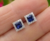 Princess Cut Real Blue Sapphire and Diamond Stud Earrings in 14k white gold