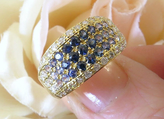 Pave set natural blue sapphire fashion ring with real diamonds in solid 18k yellow gold for sale