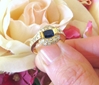 East West Set Oval Natural Sapphire and Real Pave Diamond Halo Ring in solid 14k yellow gold