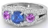 Natural Sapphire Engagement Ring - Three Stone Blue and Pink Sapphire with Real Diamond Halo in solid 14k white gold for sale