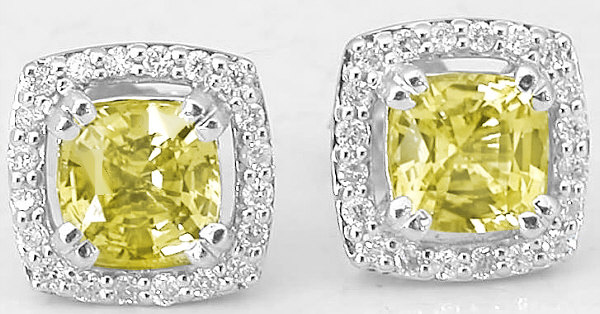 Cushion Yellow Sapphire Diamond Halo Earrings