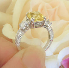 Natural Radiant Cut Untreated Yellow Sapphire and Baguette Diamond Engagement Ring in 18k white gold