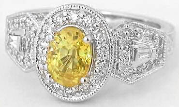 Vintage Styled Yellow Sapphire Ring with Diamond Halo and Baguette Diamonds in 14k white gold