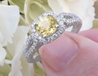 6mm round natural yellow sapphire fashion ring with 18k white gold split shank and real diamond halo for sale