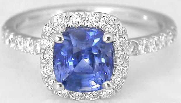 Cushion Blue Sapphie and Diamond Ring in 14 White Gold