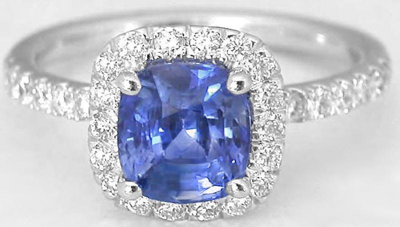 Cushion Blue Sapphie and Diamond Ring in 14 White Gold