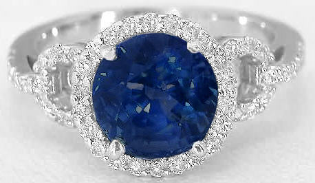 Square Cut 1 carat Natural Blue Sapphire and Baguette/Round Diamond Ring in  14k white gold (GR-5194)