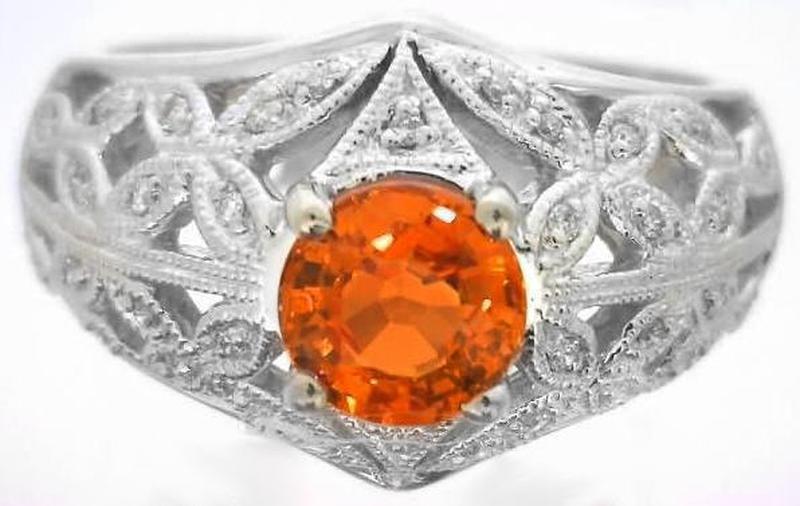 Ornate 1.51 ctw Orange Sapphire and Diamond Ring in 14k white gold