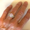 Radiant Cut Light Pink Sapphire and Diamond Engagement Ring and Band on the hand