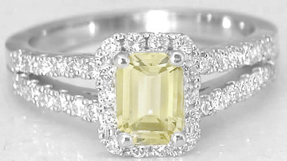 Emerald natural Yellow Sapphire Ring with a real diamond halo and white gold split shank for sale