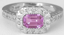 Natural Emerald Cut Bezel Set Pink Sapphire Diamond Ring in 14k white gold for sale